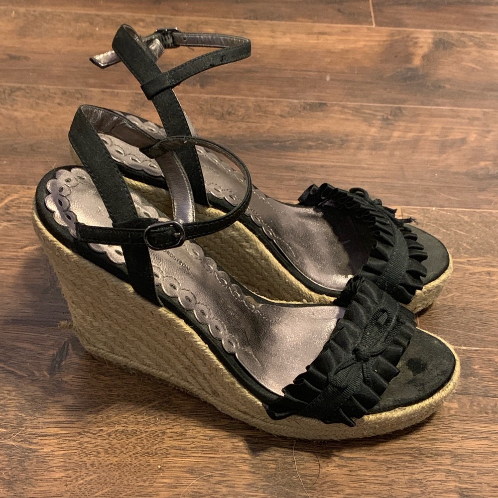Nordstrom Boutique Black Satin Ruffle Wedges